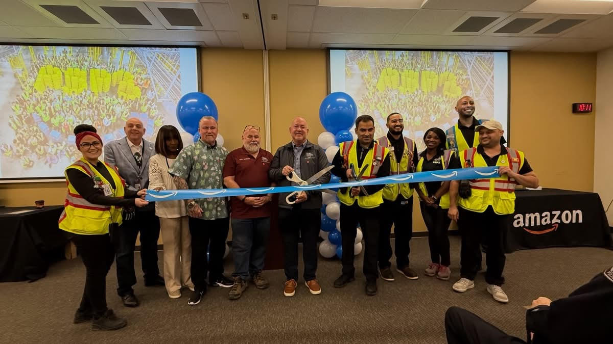 Photo from the ribbon cutting ceremony for the Amazon warehouse in Desert Hot Springs.